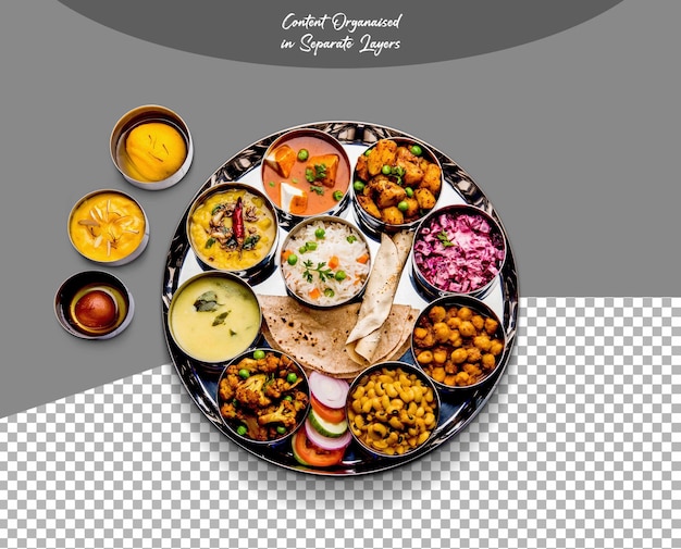 PSD Indian Vegetarian Food Thali geïsoleerd op een doorzichtige achtergrond