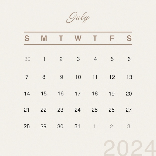 Psd instagram post 2024 scrivania modello di calendario di luglio calendario minimalista e annuale di pianificazione murale