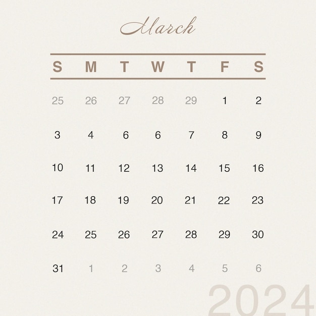 PSD psd instagram post 2024 рабочий стол марш календарь шаблон минималистский и ежегодный календарь планировщика стен