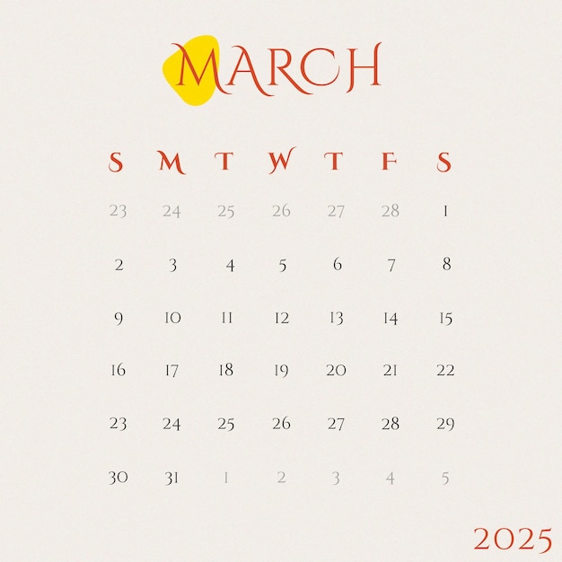 PSD psd instagram post marzo 2025 modello di calendario da scrivania calendario minimalista e annuale per la pianificazione delle pareti.