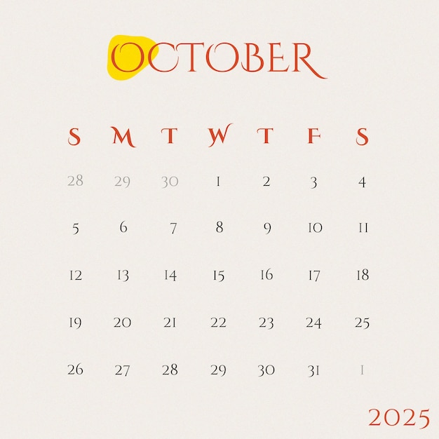 Psd instagram post ottobre 2025 modello di calendario da scrivania e calendario annuale del pianificatore a parete.