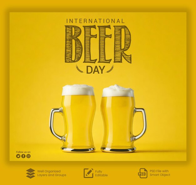 Psd of international beer day for social media poster template with brew beer mugs and yellow back