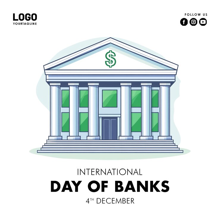 PSD psd international day of banks hand holding a bank building icon