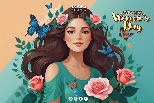 PSD psd international womens day flat design of a beautiful girl with bouncy hair leaves butterflies