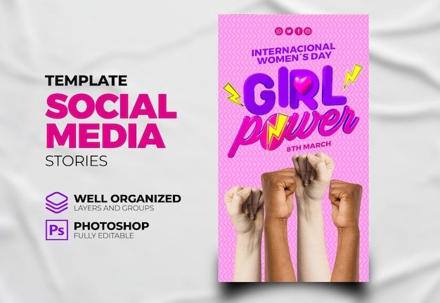 Psd международный женский день пост в социальных сетях 3d визуализация с руками девушка сила
