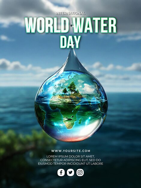 Psd international world water day banner template with water drop background