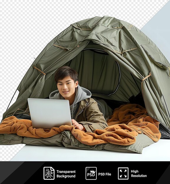 Psd on internet laptop sitting in a green tent under a white and gray sky with brown hair and a small ear visible while a hand rests on the tents brown and orange png psd