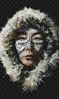 PSD psd of inuit woman portrait wearing a sealskin parka with fur trim tshirt design collage art ink