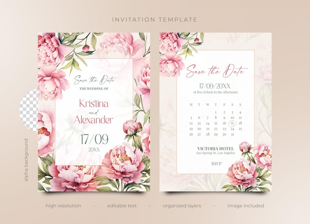 Psd invitation sjabloon bruiloft verjaardag waterverf roze pioen bloemen