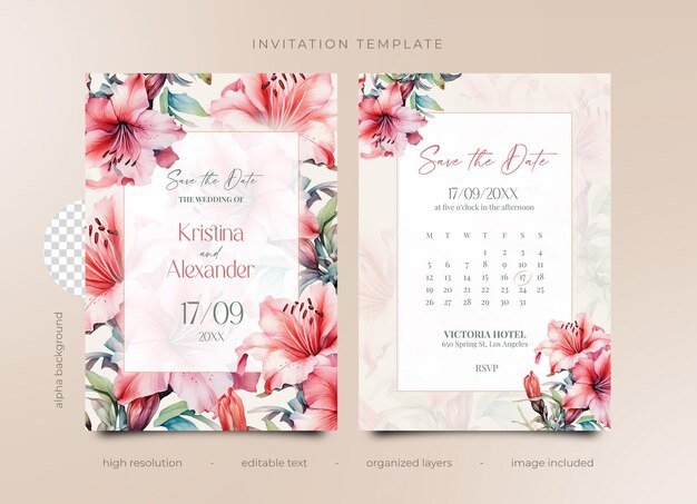 Psd invitation template wedding birthday watercolor pink azalea flowers