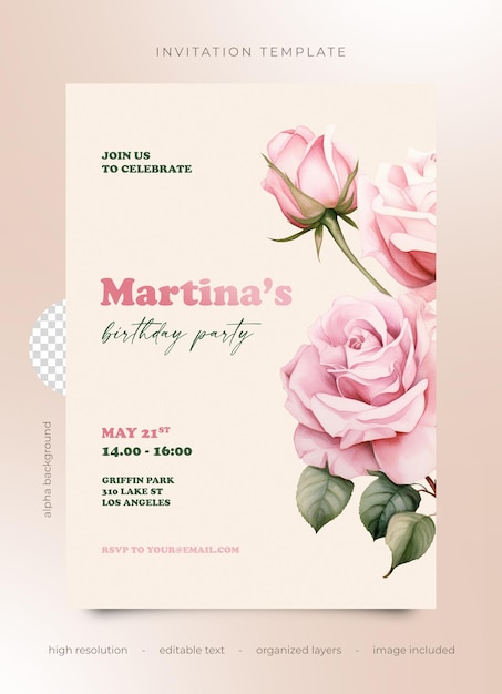 Psd invitation template wedding birthday watercolor pink rose flowers