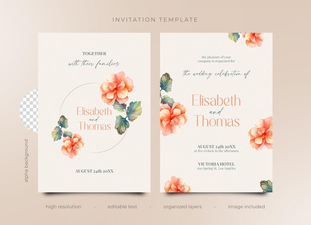 PSD invitation template with watercolor flowers begonia