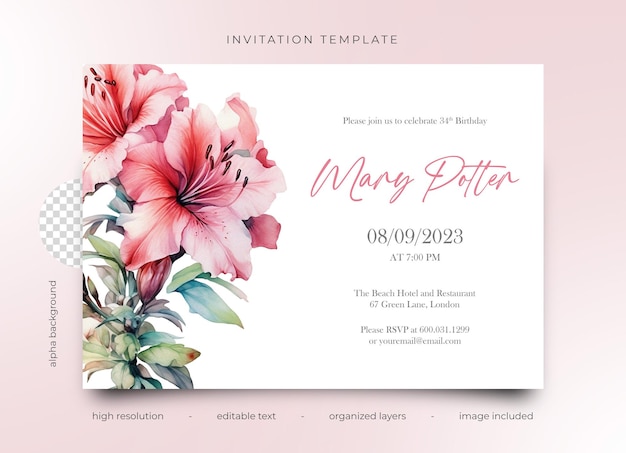 Psd invitation template with watercolor flowers pink red azaleas