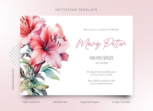 PSD invitation template with watercolor flowers pink red azaleas