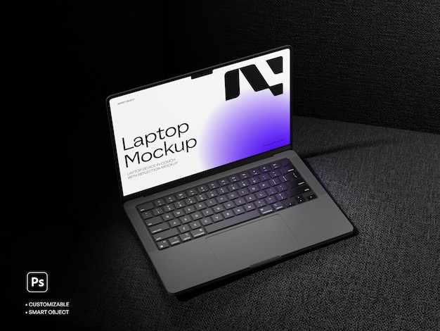 PSD laptop isometrico psd sul divano 3d modello isolato.