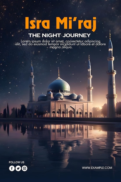 Psd isra miraj poster template with mosque and islamic background and the milky way sky