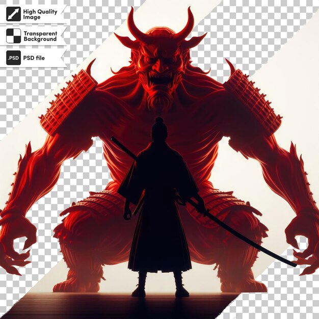 Psd японский самурай против красного дьявола на прозрачном фоне с редактируемым слоем маски