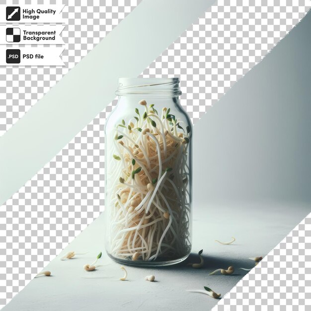 Psd jar of sprouts and leaves inside on transparent background