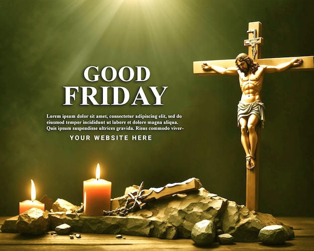 Psd иисус христос распят на кресте и дизайн плаката на страстную пятницу с крестом и облаками