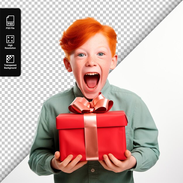 PSD psd joyful redhaired boy with a gift isolated on transparent background