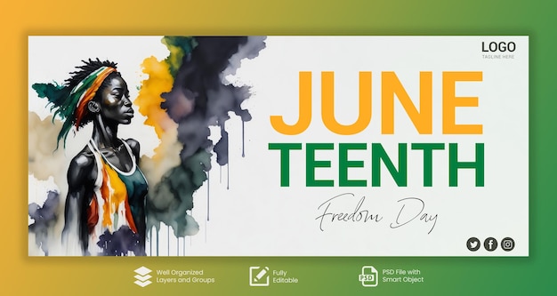 Psd juneteenth horizontal banner template with black girl watercolor painting black history month