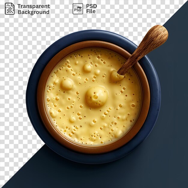 PSD psd kaas fondue geserveerd in een blauwe schaal met een houten lepel