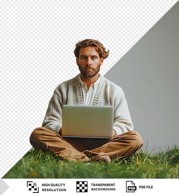 PSD psd kalm bedachtzame volwassen blanke man met zijn laptop zit op het gras starend in de verte png psd