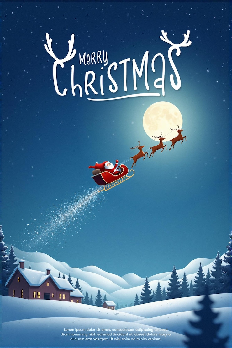PSD psd kerstposter kerstman op een slee met rendieren die in de nachtelijke lucht vliegen