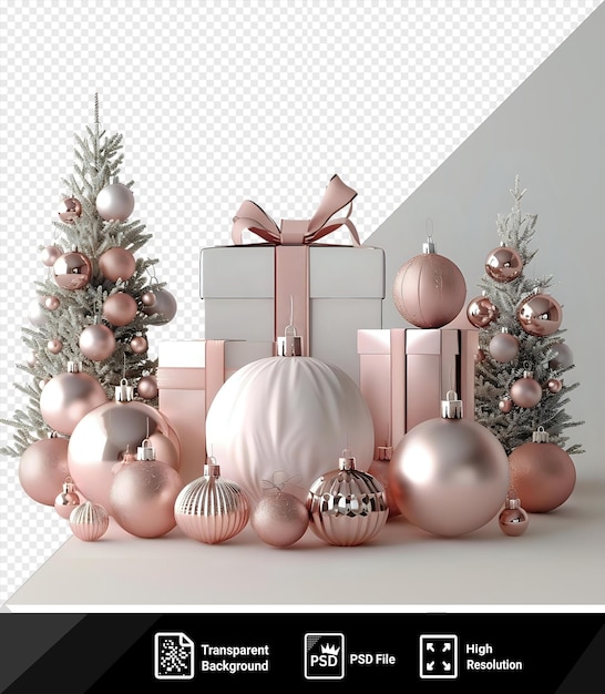 Psd kerstversieringen en geschenkkistjes mockup van een feestelijke tentoonstelling met een versierde kerstboom een witte vaas en een roze strik tegen een witte muur