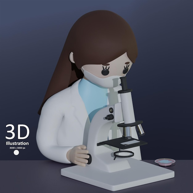 PSD kobieta badaczka i mikroskop 3D rendering