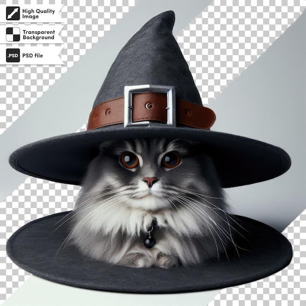 PSD psd kot w czarnym kapeluszu czarownicy na przezroczystym tle