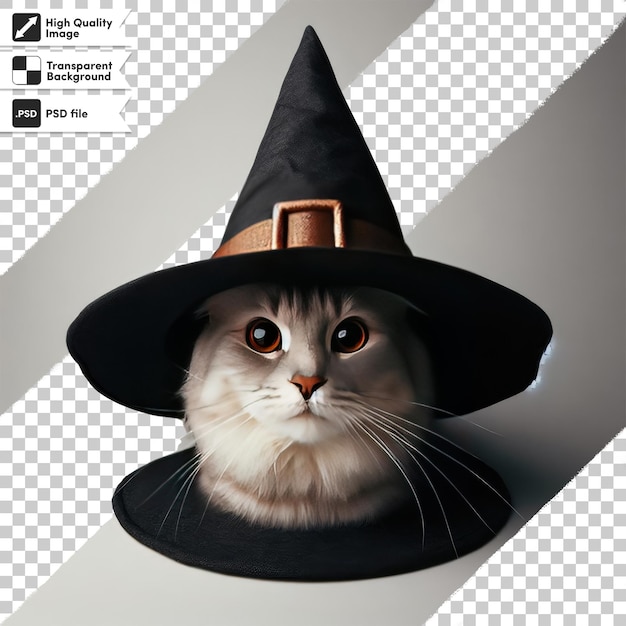 PSD psd kot w czarnym kapeluszu czarownicy na przezroczystym tle