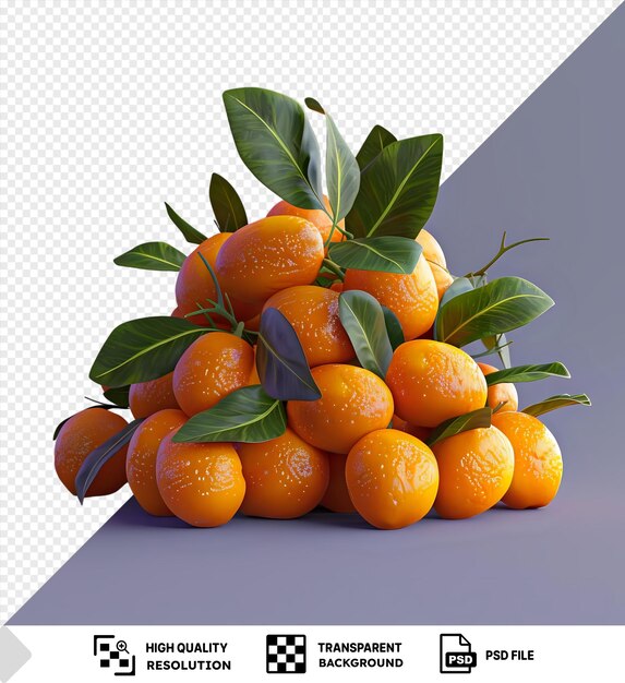 Psd kumquats and oranges arranged on a table with green leaves in the foreground png psd