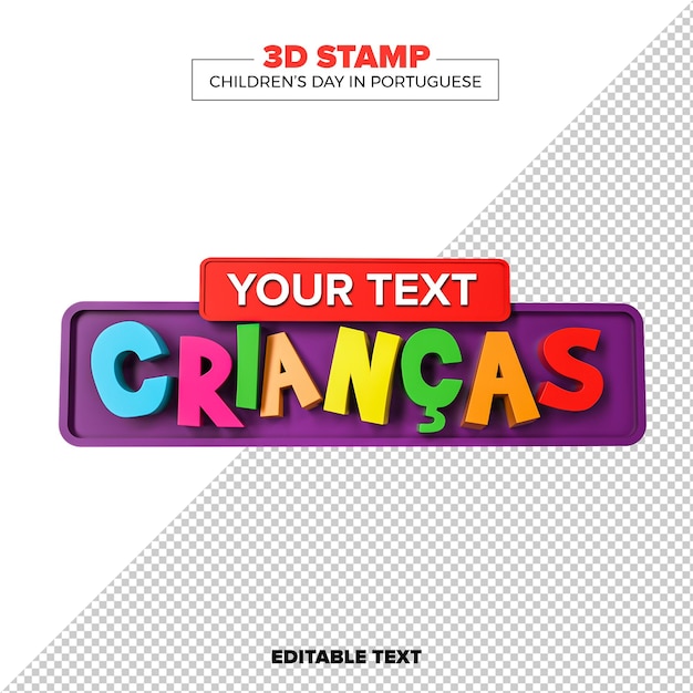 Psd label childrens day 3d render template design in portuguese