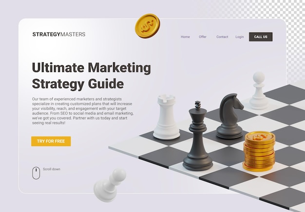 PSD landing page or web hero banner with 3D render chess black and white with gold coins