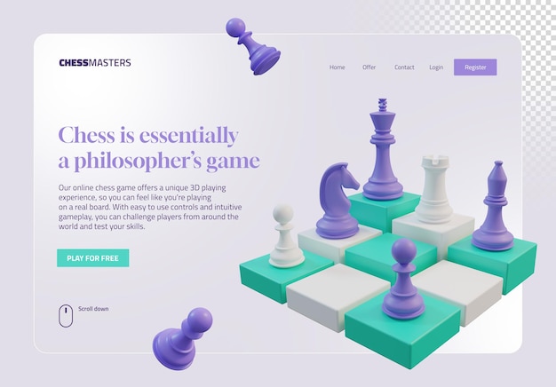 PSD psd landing page or web hero banner with 3d render chess purple green white isometric