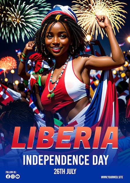 PSD psd manifesto per la celebrazione del giorno dell'indipendenza della liberia con fuochi d'artificio che si accendono e persone che ballano