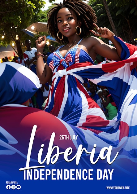 PSD psd manifesto per la celebrazione del giorno dell'indipendenza della liberia con fuochi d'artificio che si accendono e persone che ballano