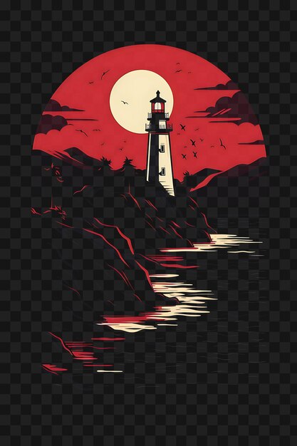 Psd di faro su una scogliera con vista sul mare vibrant red e wh template clipart tattoo design