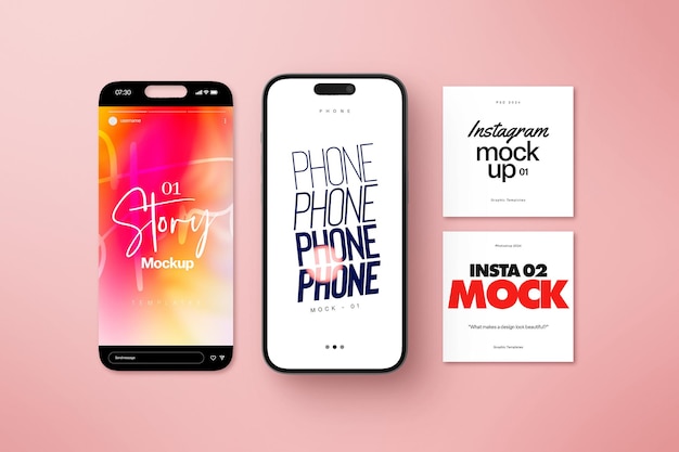 PSD psd line up creative mobile phone and screen mockup for media social instagram post i story