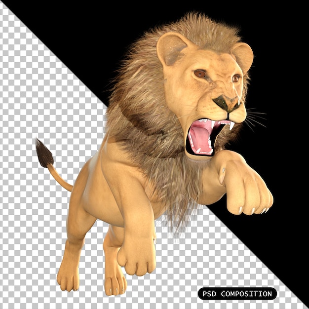 PSD psd lion jump roar zwierzę izolowane 3d render ilustracja