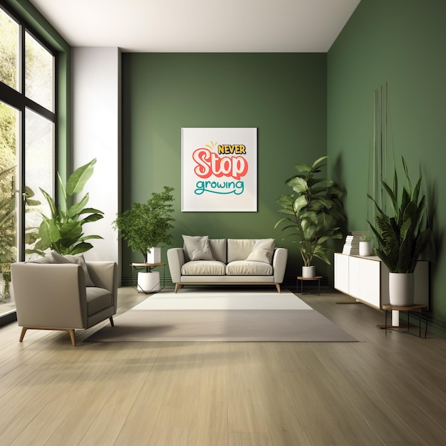 PSD psd loft green plant in un salotto verde con parete zoom space room