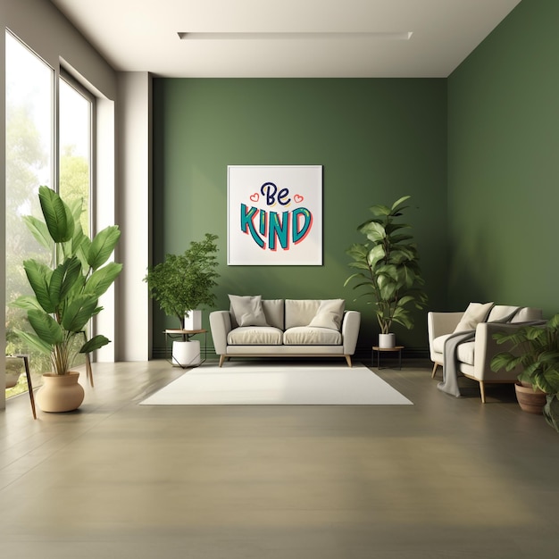 Psd loft green plant in un salotto verde con parete zoom space room