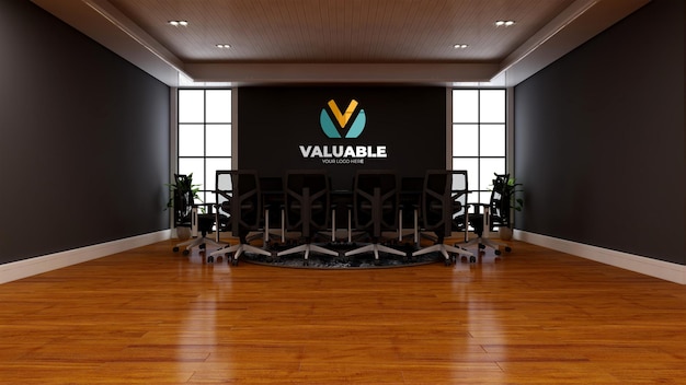 PSD logo mockup in the wood office meeting room