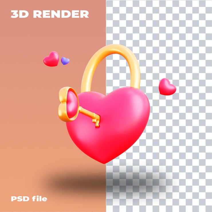 PSD love lock and key 3d icon high resolution transparent 3d render valentines day