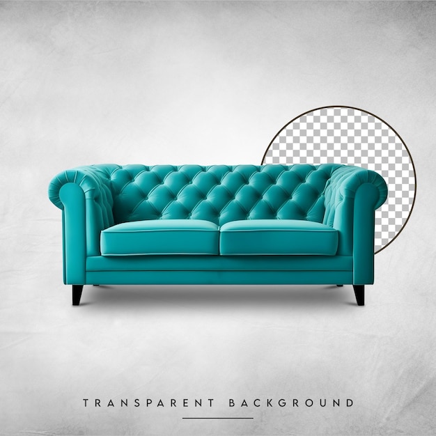 Psd luxurious teal leather chesterfield sofa isolated on a transparent background