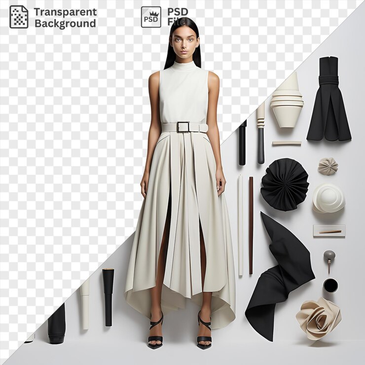 PSD psd luxury high fashion runway collection set featuring black umbrellas a white dress and a black belt displayed on a white wall with a black umbrella in the background