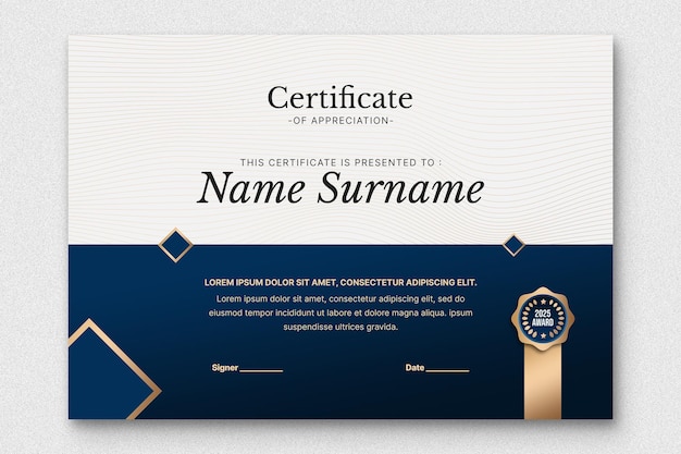 PSD psd luxury modern certificate of appreciation with gold color psd template