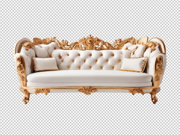 Psd of a luxury white and gold sofa on transparent background