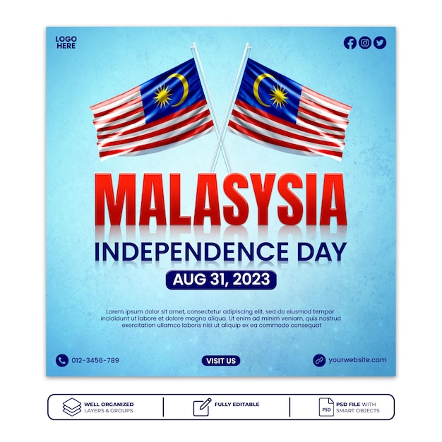 Psd modello di poster sui social media per la festa dell'indipendenza della malesia